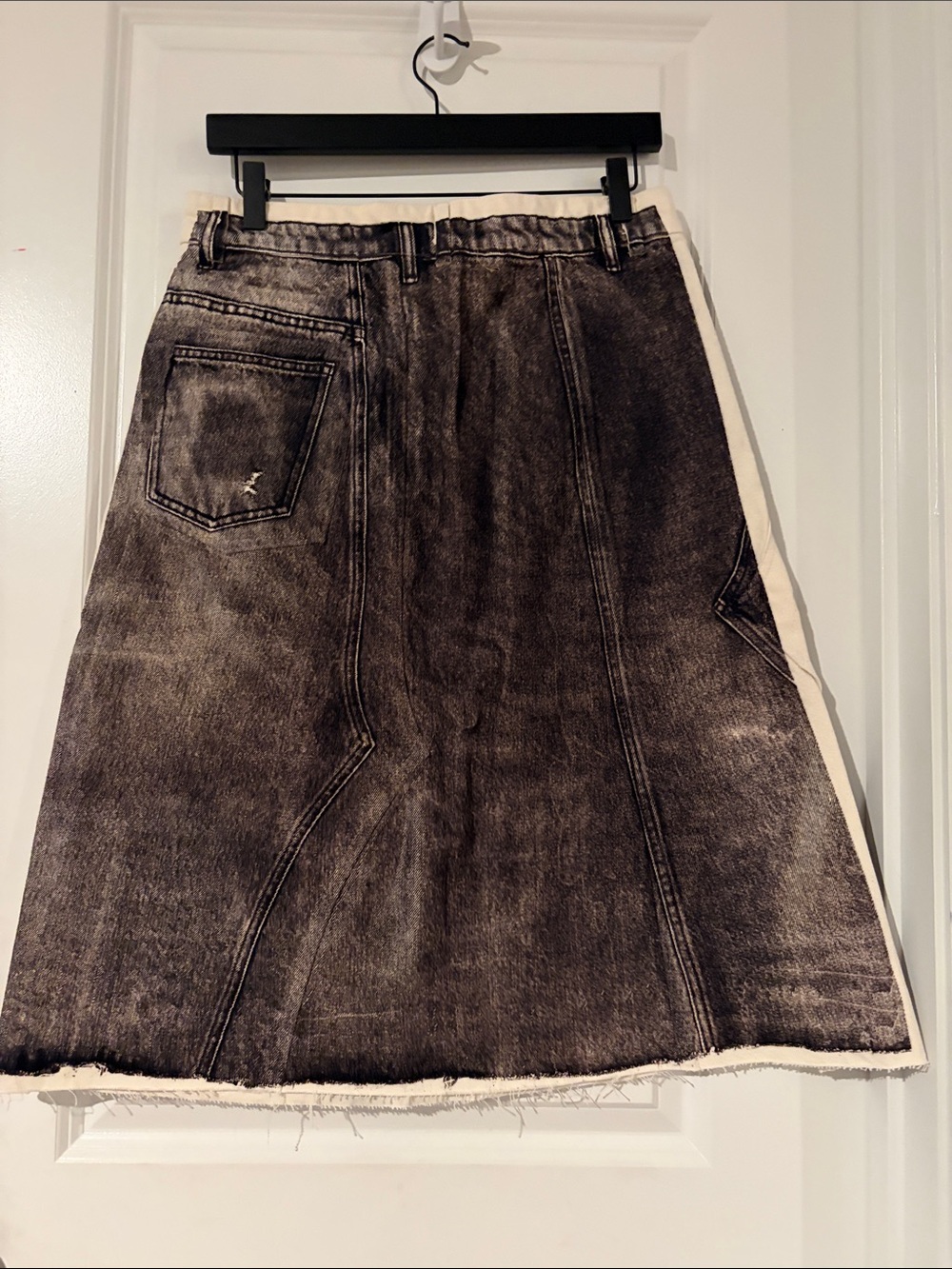 Tory Burch Washed Black Denim Midi Skirt with Cream Side Stripe - Picture 2 of 3